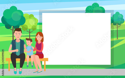 Family Mother Father and Son Sit on Bench in Park