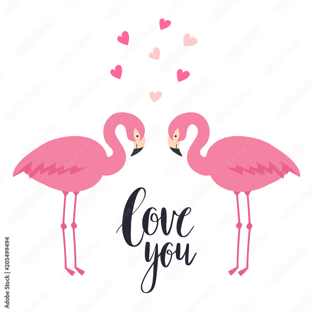 Obraz premium Two pink flamingos in love