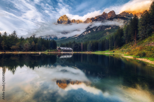 Lake San Vito di Cadore (lake Mosigo) in Boite valley in the domain of Mount Antelao also called King of the Dolomites. Italian Dolomites Alps Scenery, Italy, Europe. photo