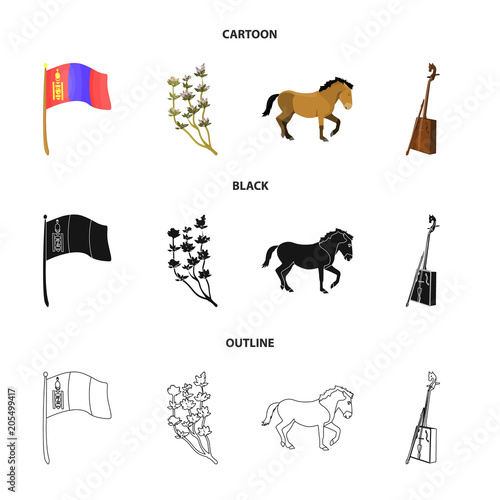 National flag, horse, musical instrument, steppe plant. Mongolia set collection icons in cartoon,black,outline style vector symbol stock illustration web.