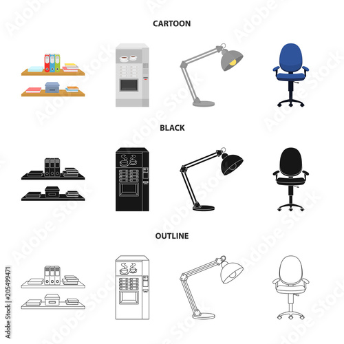 Shelves, folders and notebooks with business records, a coffee machine with cups, an armchair with a backrest on wheels, a desk lamp. Office Furniture set collection icons in cartoon,black,outline