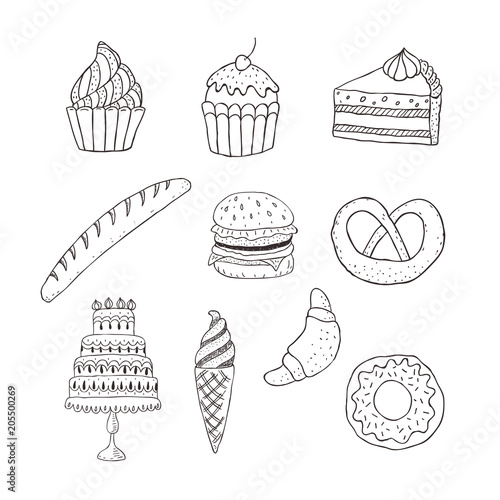 Set of line labels : confectionery, baked ware, fastfood, ice cream