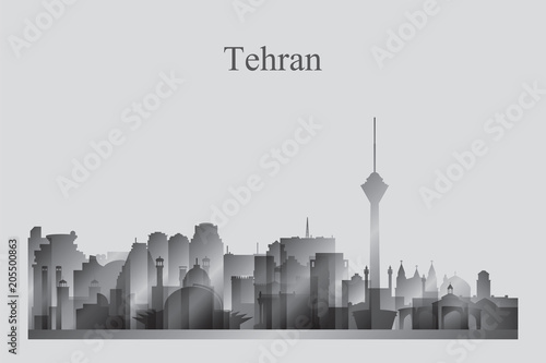 Tehran city skyline silhouette in grayscale