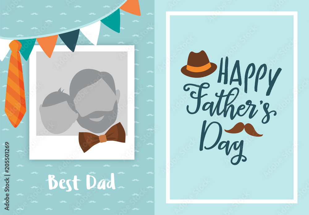 Happy father's day greeting card design, with photo frame for uploading  picture, photo. Vector background with bow tie, hat, mustache, and glasses. Father's  day lettering calligraphic emblem vector de Stock | Adobe