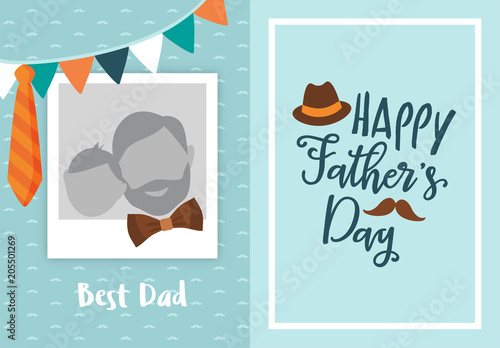 Happy father's day greeting card design, with photo frame for uploading picture, photo. Vector background with bow tie, hat, mustache, and glasses. Father's day lettering calligraphic emblem