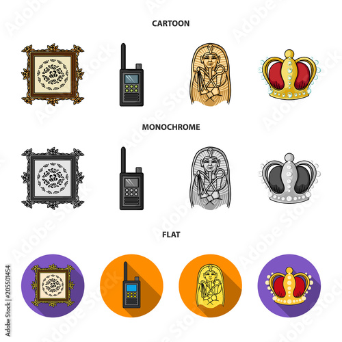 Picture, sarcophagus of the pharaoh, walkie-talkie, crown. Museum set collection icons in cartoon,flat,monochrome style vector symbol stock illustration web.