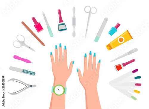 Female Hands, Manicure Tools and Nail Polishes