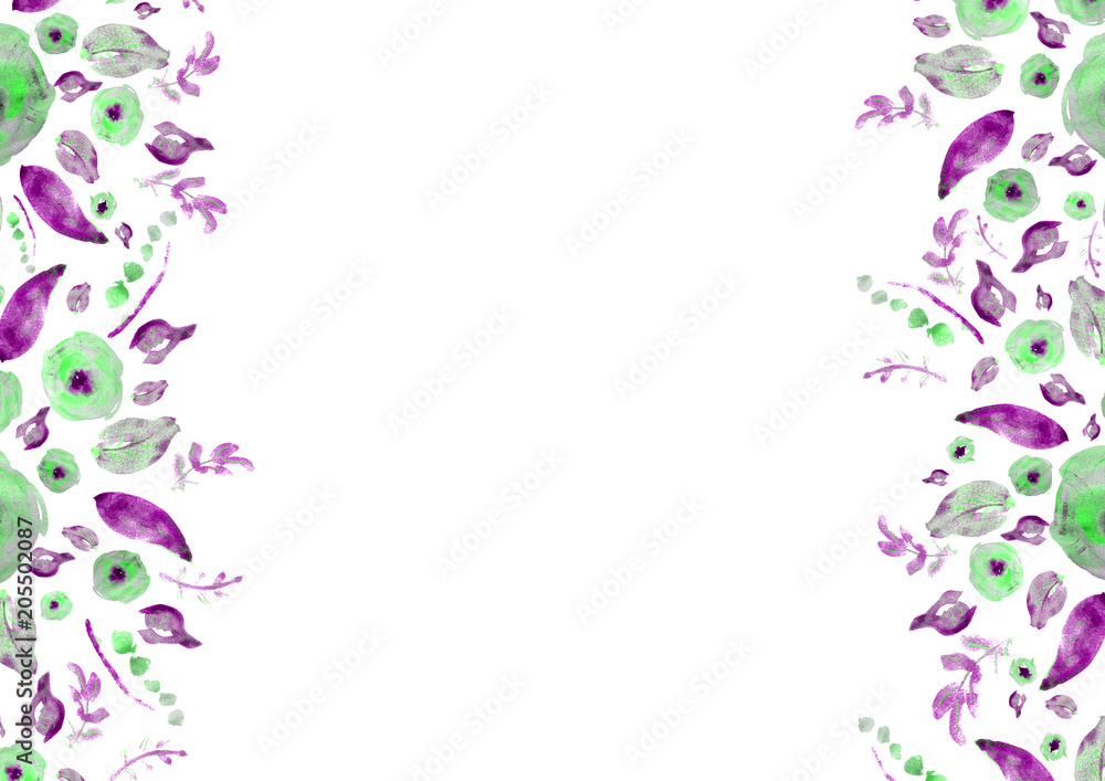 Painted watercolor composition with flowers and leaves. Frame of roses. Floral border. Can be used as invitation card for wedding, birthday, other holiday, summer background, poster, banner. Painted watercolor composition with flowers and leaves. Frame of roses. Floral border. Can be used as invitation card for wedding, birthday, other holiday, summer background, poster, banner.