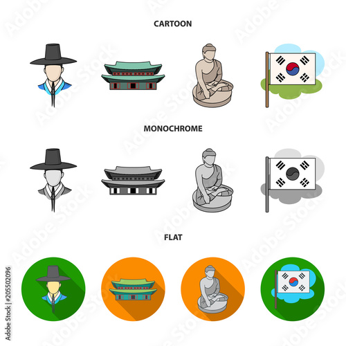 Korean in national headdress, Korean monastery, Buddha figurine, national flag. South Korea set collection icons in cartoon,flat,monochrome style vector symbol stock illustration web. photo