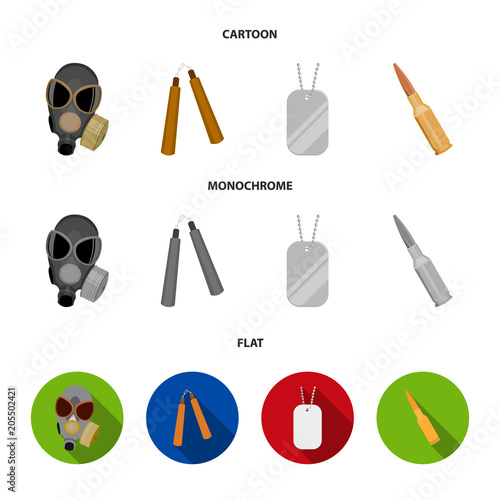 Gas mask, nunchak, ammunition, soldier token. Weapons set collection icons in cartoon,flat,monochrome style vector symbol stock illustration web. photo