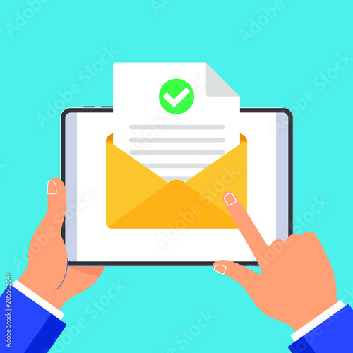 Hands hold tablet pad devise with open envelope document paper sheet  page check mark tick, no text icon vector illustration flat design isolated on blue background. Pointer finger touch the screen