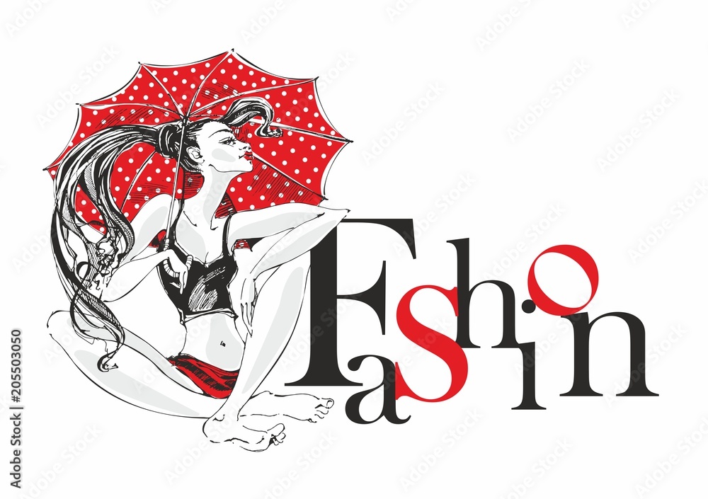 Fashion industry. Girl model with umbrella posing. Fashion. Decorative inscription. Beauty model woman. Vector.
