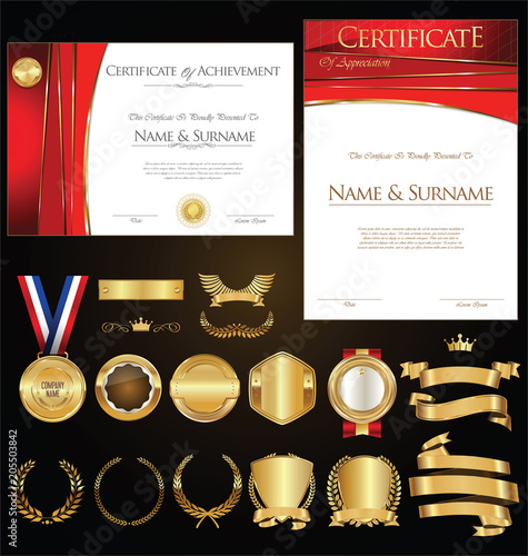 Collection of certificate badges labels shields and laurels 