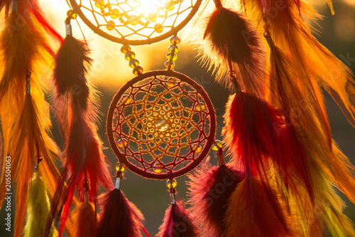 Konstfotografi Handmade dream catcher with feathers threads and beads rope hanging