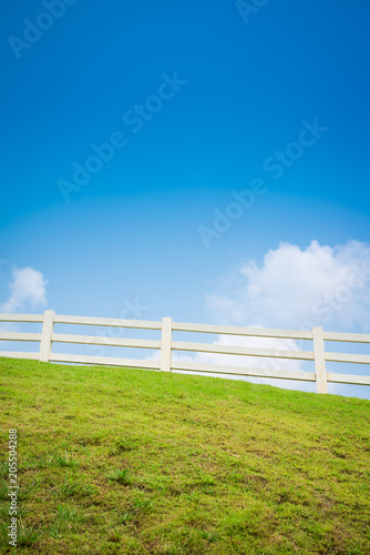 White fence on green field and blue sky - Green environmental concept