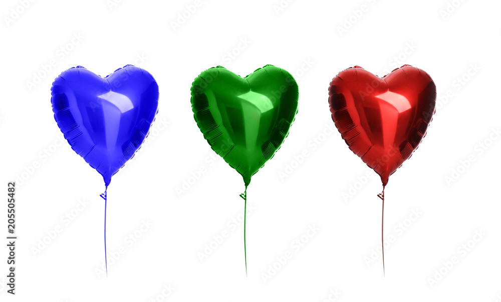 Blue green red heart balloons composition objects for birthday party isolated on a white