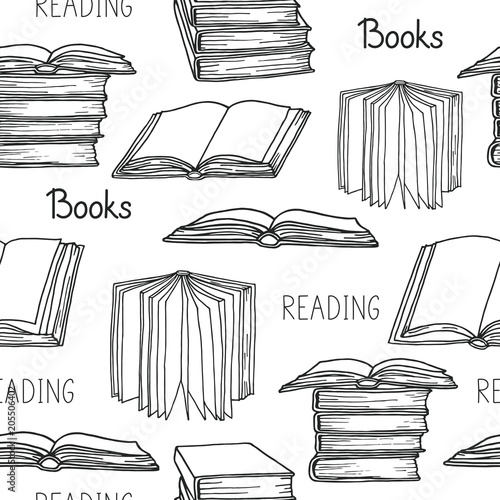Pattern from books sketches on white background. Hand drawn stacks of books and open books. Education, reading, studying vector illustration.