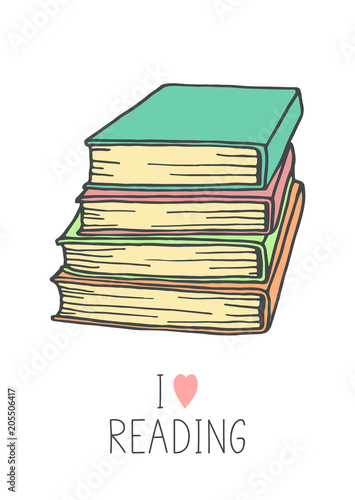 Books stack sketch on white background. Hand drawn pile of books with lettering. I love reading. Education, reading, studying vector illustrations.