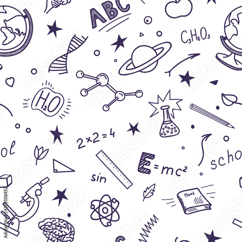 Pattern from education, school, science hand drawn sketches. Vector illustration.