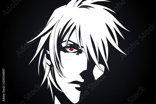 Plakat Anime twarz od kreskówki z anime czerwonymi oczami na czarny i biały tle. Ilustracji wektorowych