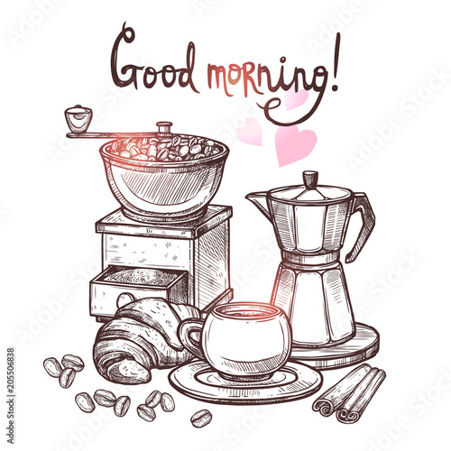 Sketch Coffee Illustration In Monochrome Style. Hand Drawn Still Life With Coffee Mill, Cup, Croissant, Cinnamon And Kettle