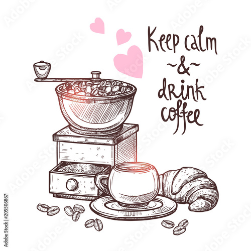 Sketch Coffee Illustration  In Monochrome Style. Hand Drawn Still Life With  Coffee Mill, Cup, Coffee Beans, Croissant And Lettering