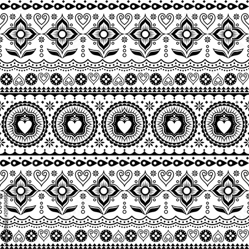 Indian trucks art seamless vector pattern, Pakistani monochrome truck floral design with lotus flower, leaves and abstract shapes 