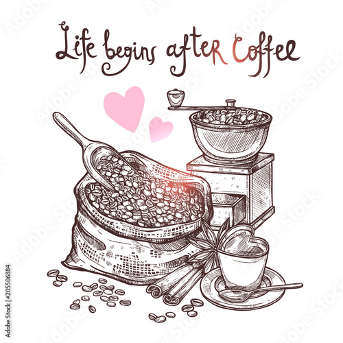 Sketch Coffee Illustration In Monochrome Style. Hand Drawn Still Life With  Coffee Mill, Cup, Bag With Beans, Cinnamon And Lettering