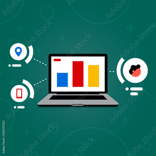 Vector illustration of laptop. Flat design. Notebook monitor screen with user, geo location and smartphone icons. Concept of audience marketing research or statistics report in personal account.