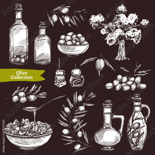 Hand Drawn Olive Oil Collection On Chalkboard With Sketch Olive Tree, Olive Branches And Olive Bottles