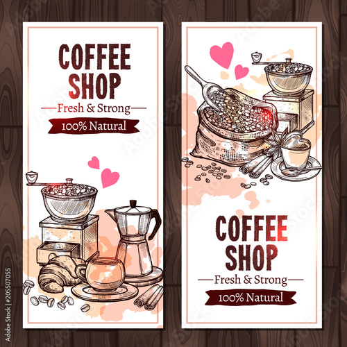 Coffee Sketch Collection. Design Of Vertical Banners With Coffee Mill, Cup, Bag Of Coffee Beans, Croissant, Cinnamon In Hand Drawn Style
