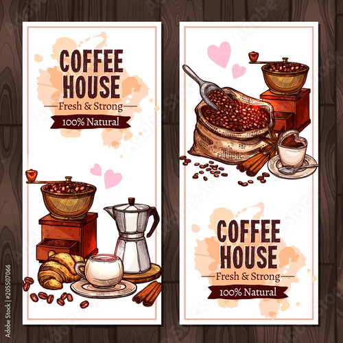 Coffee Sketch Collection. Design Of Vertical Banners With Coffee Mill, Cup, Bag Of Coffee Beans, Croissant, Cinnamon In Hand Drawn Color Style