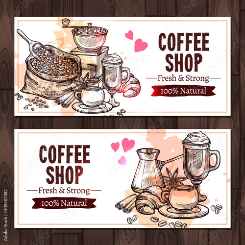 Coffee Sketch Collection. Design Of Horizontal Banners With Coffee Mill, Cup, Bag Of Coffee Beans, Croissant, Cinnamon In Hand Drawn Style