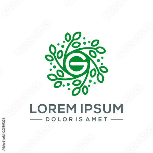 green leaf the natural world with letter g logo template vector illustration