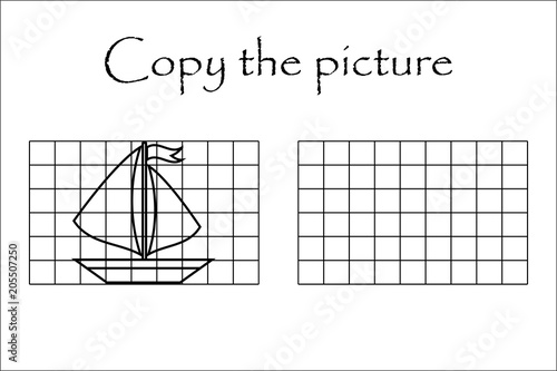 Copy the picture, black white ship, drawing skills training, educational paper game for the development of children, kids preschool activity, printable worksheet, vector illustration