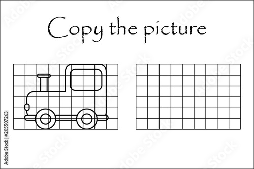 Copy the picture, black white locomotive, drawing skills training, educational paper game for the development of children, kids preschool activity, printable worksheet, vector illustration
