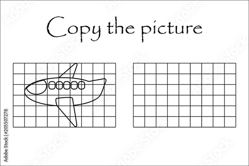 Copy the picture, black white plane, drawing skills training, educational paper game for the development of children, kids preschool activity, printable worksheet, vector illustration