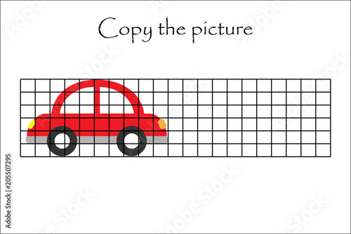 Copy the picture  car in cartoon style  drawing skills training  educational paper game for the development of children  kids preschool activity  printable worksheet  vector illustration