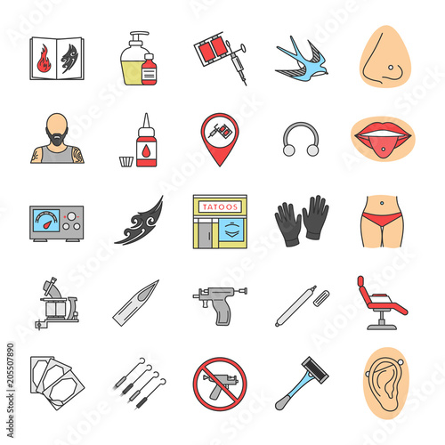 Tattoo studio color icons set