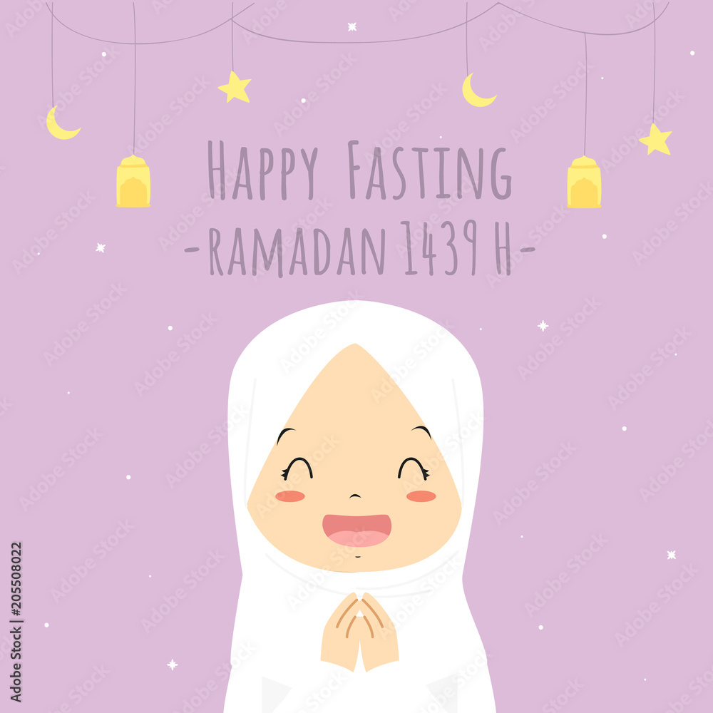 Happy Fasting, Ramadan Kareem greeting card. Printable Eid card, happy  muslim girl cartoon vector Stock Vector | Adobe Stock