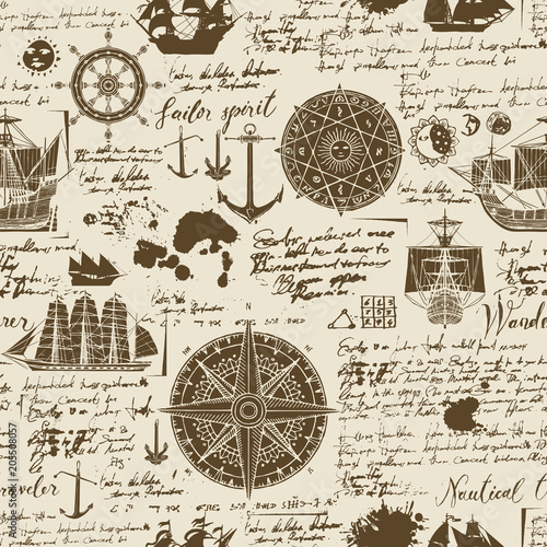 Vector abstract seamless background on the theme of travel, adventure and discovery. Old manuscript with caravels, wind rose, anchors and other nautical symbols with blots and stains in vintage style