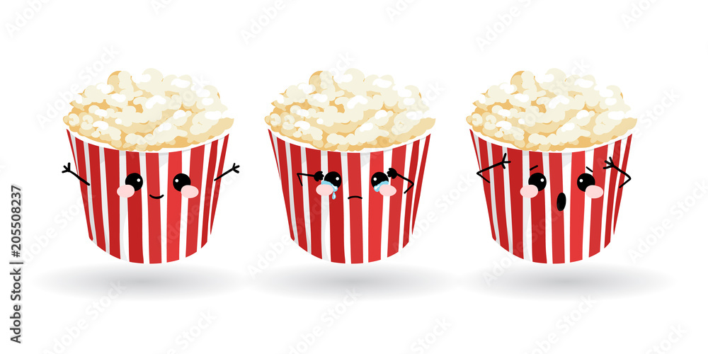 Cartoon funny popcorn. Hand drawn set of emoji. Vector emoticon