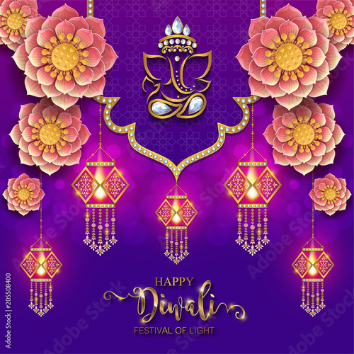 Happy Diwali festival card with gold diya patterned and crystals on paper color Background.