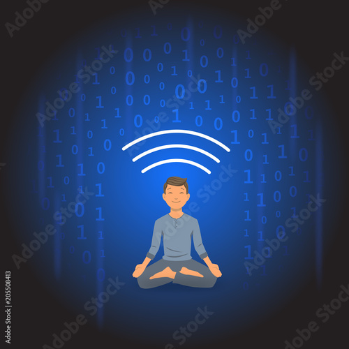 Digital detox and meditation. Meditating man protecting himself from shower of information. Flat vector illustration.