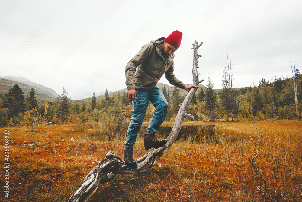 Traveler Man Alone In Tundra Forest Swamp Survival Trip Lifestyle Travel Adventure Vacations Stock Photo Adobe Stock