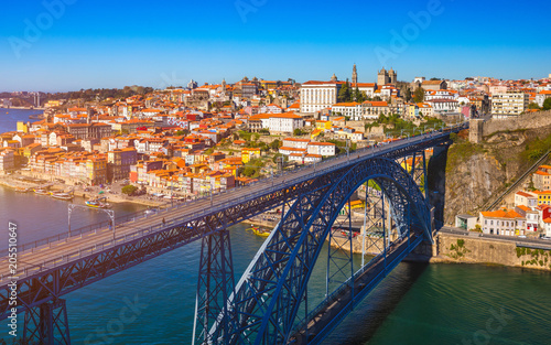 Panoramic view of Old city of Porto (Oporto) and Ribeira over Douro river, Portugal. Concept of world travel, sightseeing and tourism. © daliu