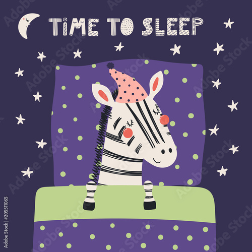 Hand drawn vector illustration of a cute funny sleeping zebra in a nightcap, with pillow, blanket, quote Time to sleep. Isolated objects. Scandinavian style flat design. Concept for children print.