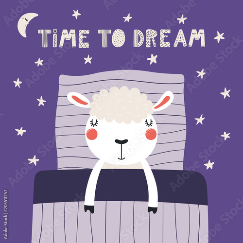 Hand drawn vector illustration of a cute funny sleeping sheep, with pillow, blanket, lettering quote Time to dream. Isolated objects. Scandinavian style flat design. Concept for children print.
