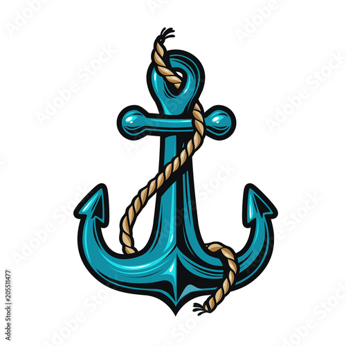 Nautical anchor with rope. Cartoon vector illustration