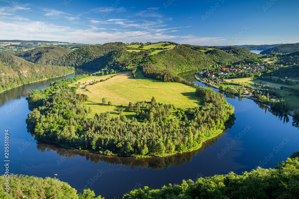 View of Vltava river horseshoe shape meander from Solenice viewpoint, Czech Republic